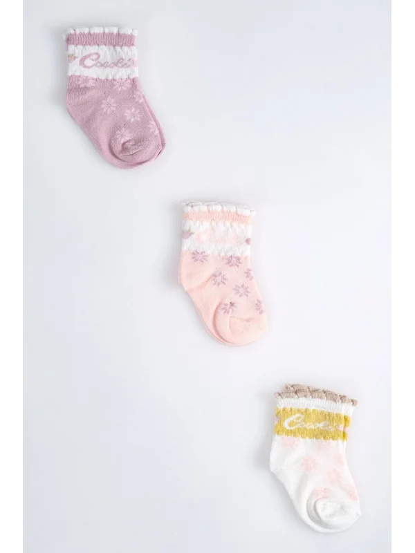 Cocole Socks Kız Çocuk Soket Çorabı 3’lü Set – Pamuklu Özel Logolu Seri & Çiçekli Desenli