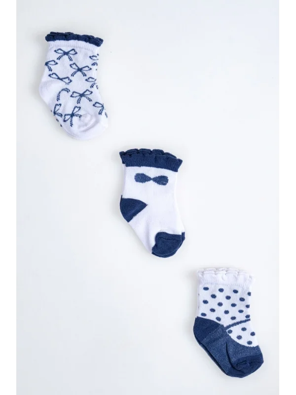 Cocole Socks Kız Çocuk Soket Çorabı 3’lü Set – Pamuklu Fırfırlı Bilekli & Fiyonk & Puantiye Desenli