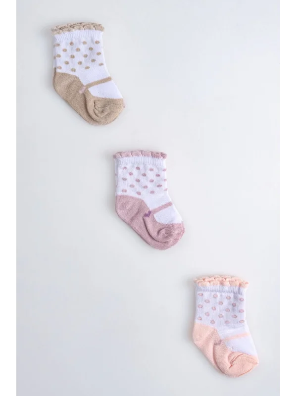Cocole Socks Kız Çocuk Soket Çorabı 3’lü Set – Pamuklu Fırfırlı Bilekli & Puantiye Desenli