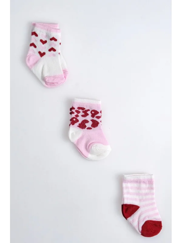 Cocole Socks Kız Çocuk Soket Çorabı 3’lü Set – Pamuklu Çizgili & Kalpli Desenli