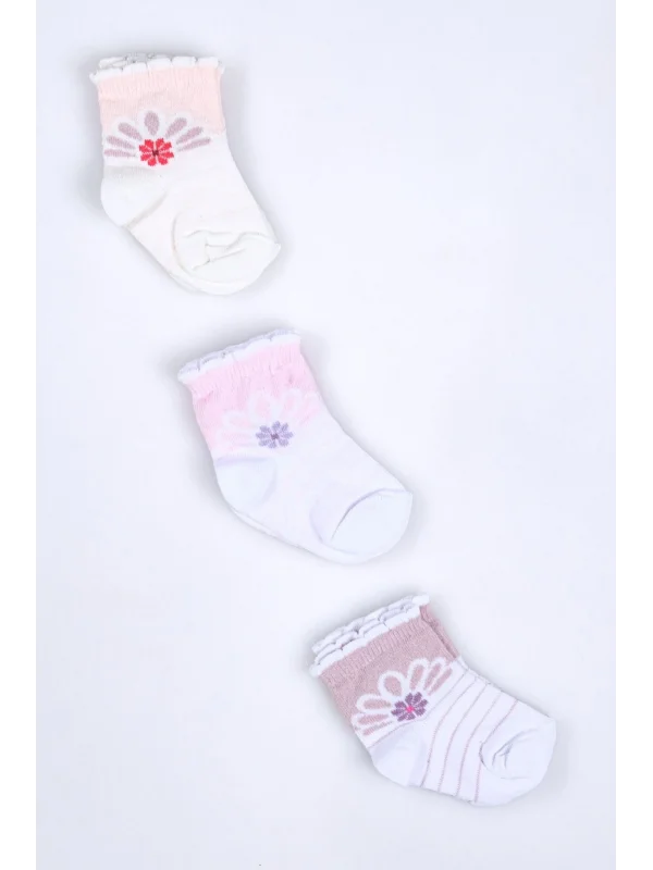 Cocole Socks Kız Bebek Soket Çorabı 3’lü Set – Pamuklu Fırfırlı Bilekli & Çiçek Desenli