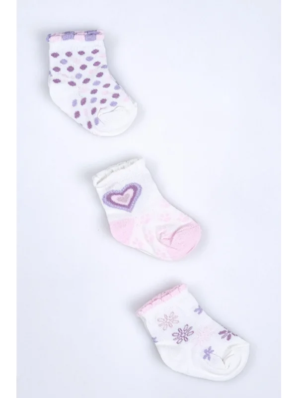 Cocole Socks Kız Bebek Soket Çorabı 3’lü Set – Pamuklu Kalp & Çiçek Desenli