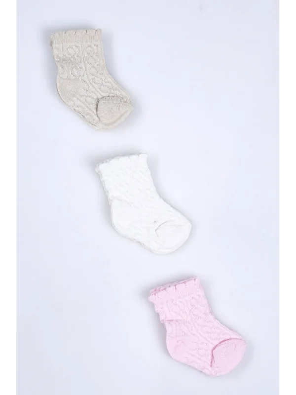 Cocole Socks Kız Bebek Soket Çorabı 3’lü Set – Pamuklu Klasik Seri & Saç Örgü Desenli