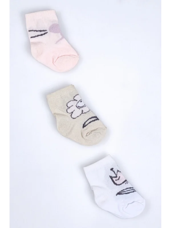 Cocole Socks Kız Bebek Soket Çorabı 3’lü Set – Pamuklu Minimalist & Çiçek Desenli