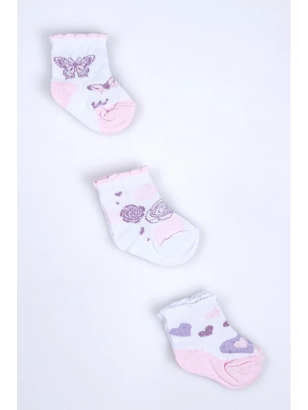Cocole Socks Kız Bebek Soket Çorabı 3’lü Set – Pamuklu Fırfırlı Bilekli & Kelebek Desenli