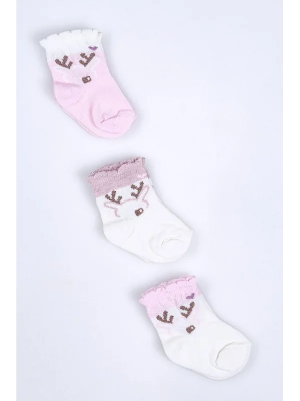 Cocole Socks Kız Bebek Soket Çorabı 3’lü Set – Pamuklu Fırfırlı Bilekli & Geyik Desenli
