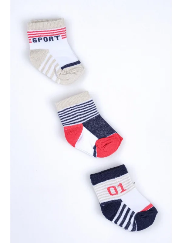 Cocole Socks Erkek Bebek Soket Çorabı 3’lü Set – Pamuklu Sportif Kolej Temalı & Çizgi Desenli