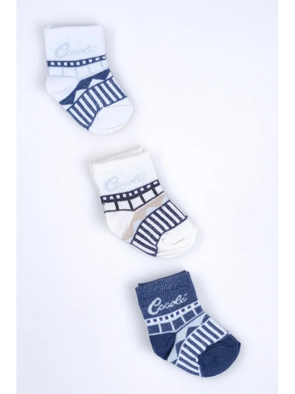 Cocole Socks Erkek Bebek Soket Çorabı 3’lü Set – Pamuklu Özel Logolu & Çizgi Desenli