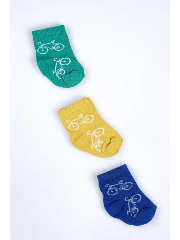 Cocole Socks Erkek Bebek Soket Çorabı 3’lü Set – Pamuklu Canlı Renkli & Bisiklet Desenli