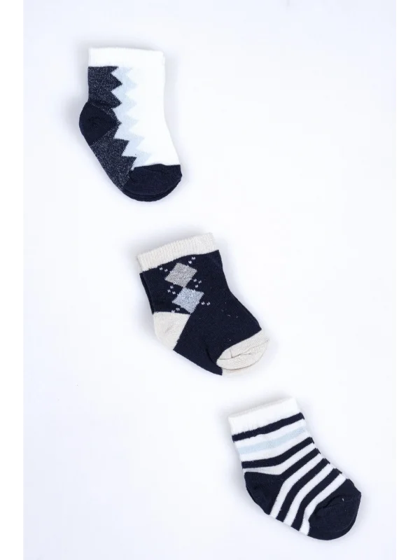 Cocole Socks Erkek Bebek Soket Çorabı 3’lü Set – Pamuklu Baklava & Zigzag Desenli