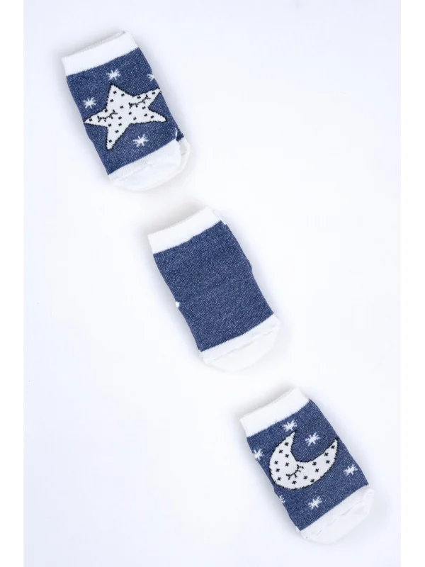 Cocole Socks Erkek Bebek Soket Çorabı 3’lü Set – Pamuklu Lacivert Ay & Yıldız Desenli
