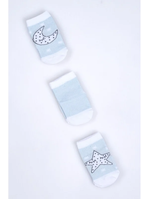 Cocole Socks Erkek Bebek Soket Çorabı 3’lü Set – Pamuklu Açık Mavi Ay & Yıldız Desenli