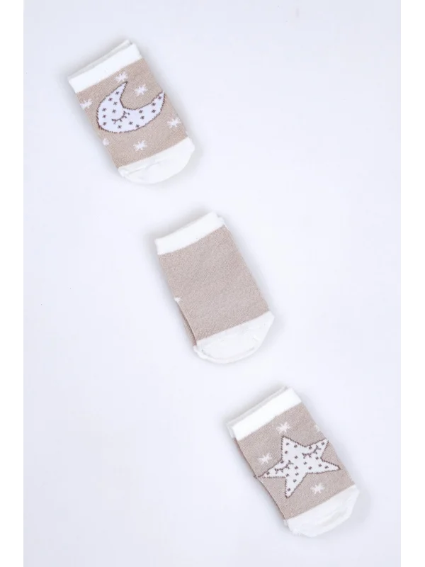 Cocole Socks Erkek Bebek Soket Çorabı 3’lü Set – Pamuklu Bej Ay & Yıldız Desenli
