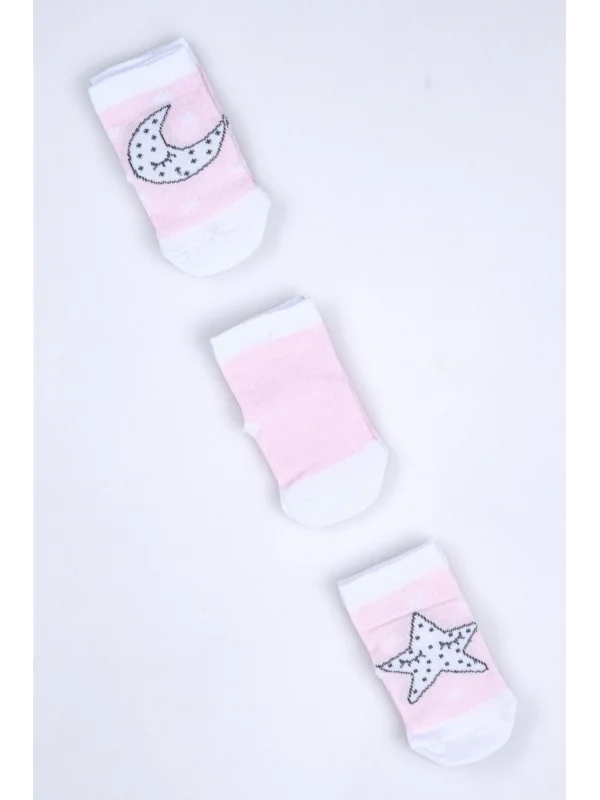 Cocole Socks Kız Bebek Soket Çorabı 3’lü Set – Pamuklu Pembe Ay & Yıldız Desenli