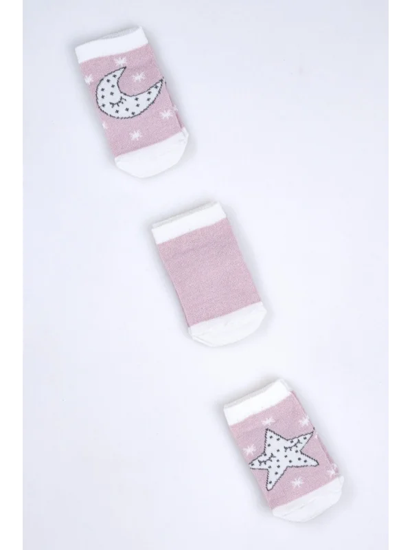 Cocole Socks Kız Bebek Soket Çorabı 3’lü Set – Pamuklu Gül Kurusu Ay & Yıldız Desenli