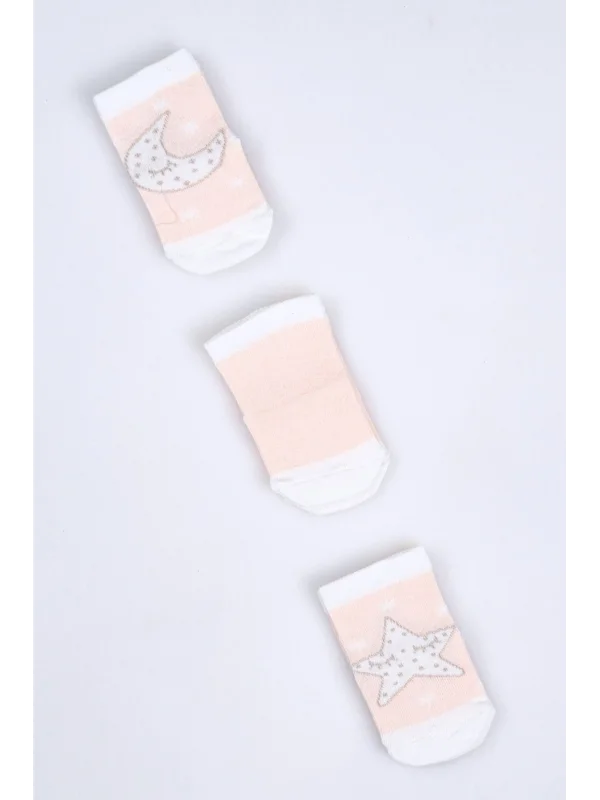 Cocole Socks Kız Bebek Soket Çorabı 3’lü Set – Pamuklu Somon Ay & Yıldız Desenli