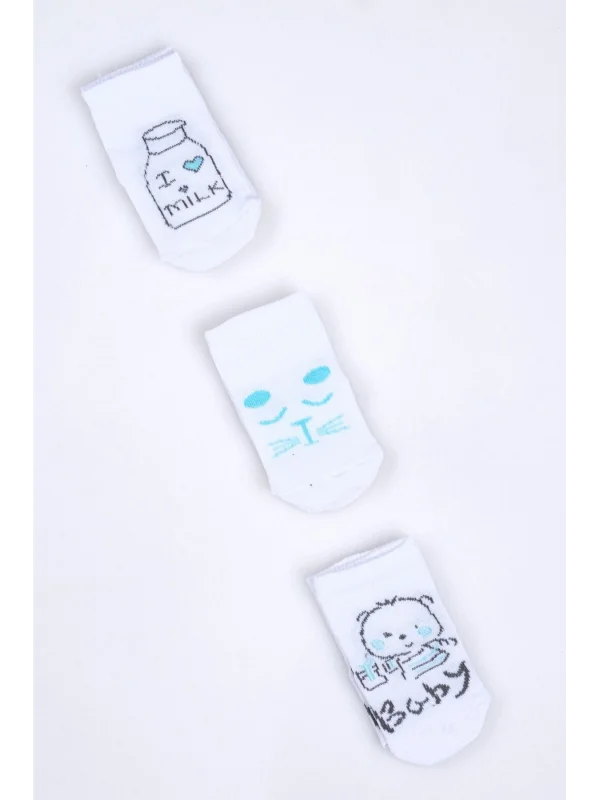 Cocole Socks Erkek Bebek Soket Çorabı 3’lü Set – Pamuklu Beyaz Sevimli Figür Desenli