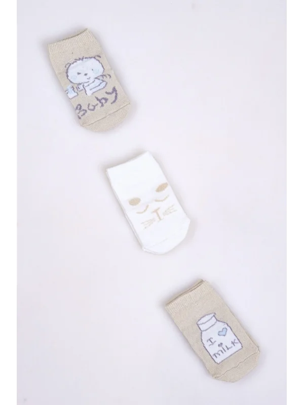 Cocole Socks Erkek Bebek Soket Çorabı 3’lü Set – Pamuklu Bej Sevimli Figür Desenli