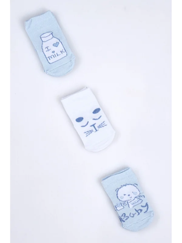 Cocole Socks Erkek Bebek Soket Çorabı 3’lü Set – Pamuklu Mavi Sevimli Figür Desenli
