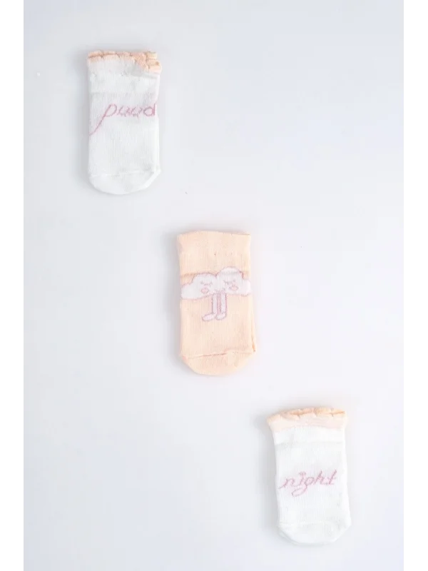 Cocole Socks Kız Bebek Soket Çorabı 3’lü Set – Pamuklu Somon İyi Geceler & Bulut Desenli