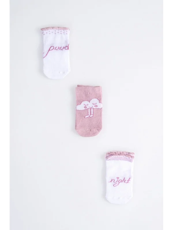 Cocole Socks Kız Bebek Soket Çorabı 3’lü Set – Pamuklu Gül Kurusu İyi Geceler & Bulut Desenli