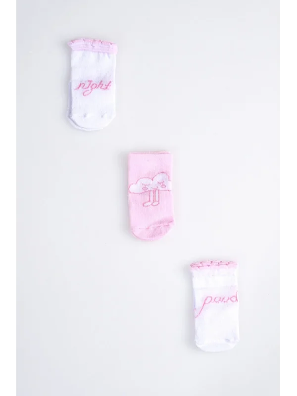 Cocole Socks Kız Bebek Soket Çorabı 3’lü Set – Pamuklu Pembe İyi Geceler & Bulut Desenli