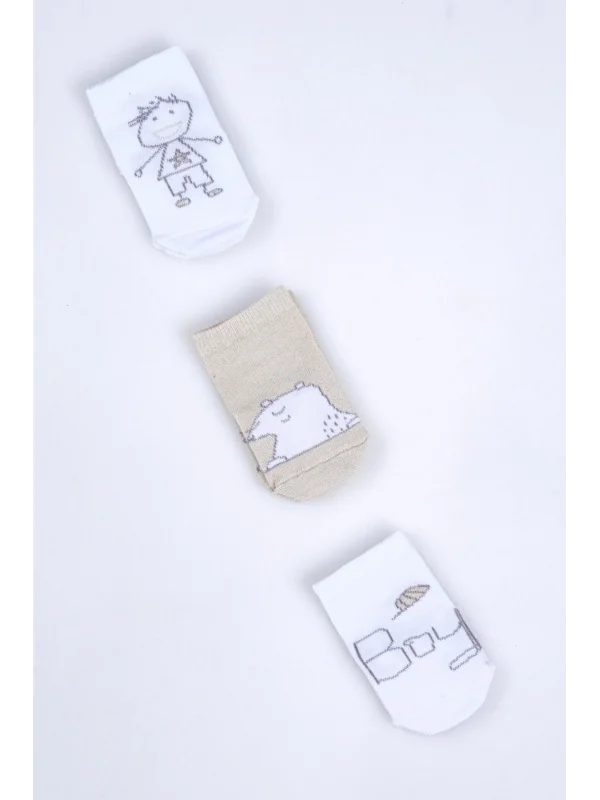Cocole Socks Erkek Bebek Soket Çorabı 3’lü Set – Pamuklu Vizon Ayıcık & Çocuk Figür Desenli