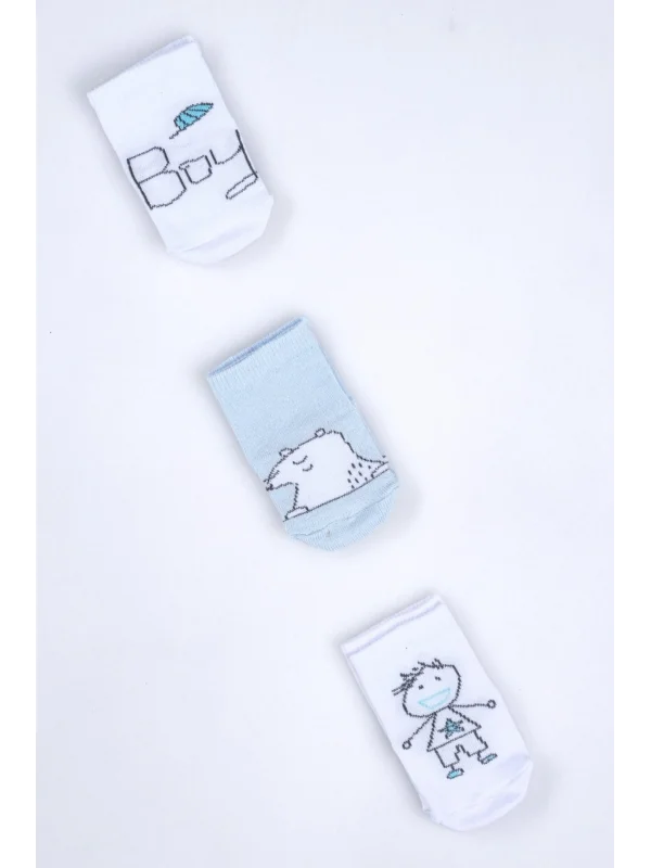 Cocole Socks Erkek Bebek Soket Çorabı 3’lü Set – Pamuklu Mavi Ayıcık & Çocuk Figür Desenli