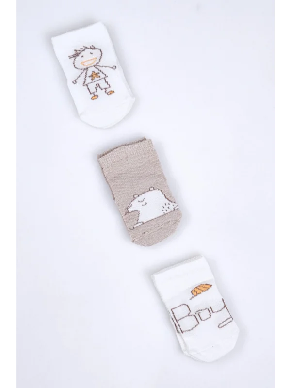 Cocole Socks Erkek Bebek Soket Çorabı 3’lü Set – Pamuklu Kahverengi Ayıcık & Çocuk Figür Desenli