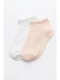 Cocole Socks Kız Bebek Patik Çorabı 2li Set Pamuklu Beyaz & Somon Baklava Desenli