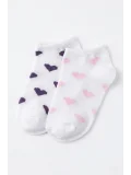 Cocole Socks Kız Bebek Patik Çorabı 2’li Set Pamuklu Beyaz Zemin Üzeri Pudra Pembe & Mor Kalp Desenli