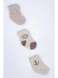 Cocole Socks Erkek Çocuk Soket Çorabı 3’lü Set – Pamuklu Bej Marin & Çapa Desenli