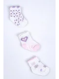 Cocole Socks Kız Bebek Soket Çorabı 3’lü Set – Pamuklu Kalp & Çiçek Desenli