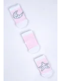 Cocole Socks Kız Bebek Soket Çorabı 3’lü Set – Pamuklu Pembe Ay & Yıldız Desenli