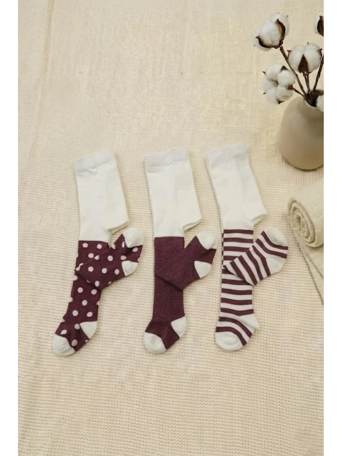 Cocole Socks Kız Bebek Külotlu Çorabı 3lü Set Pamuklu Bordo 0-24 Ay
