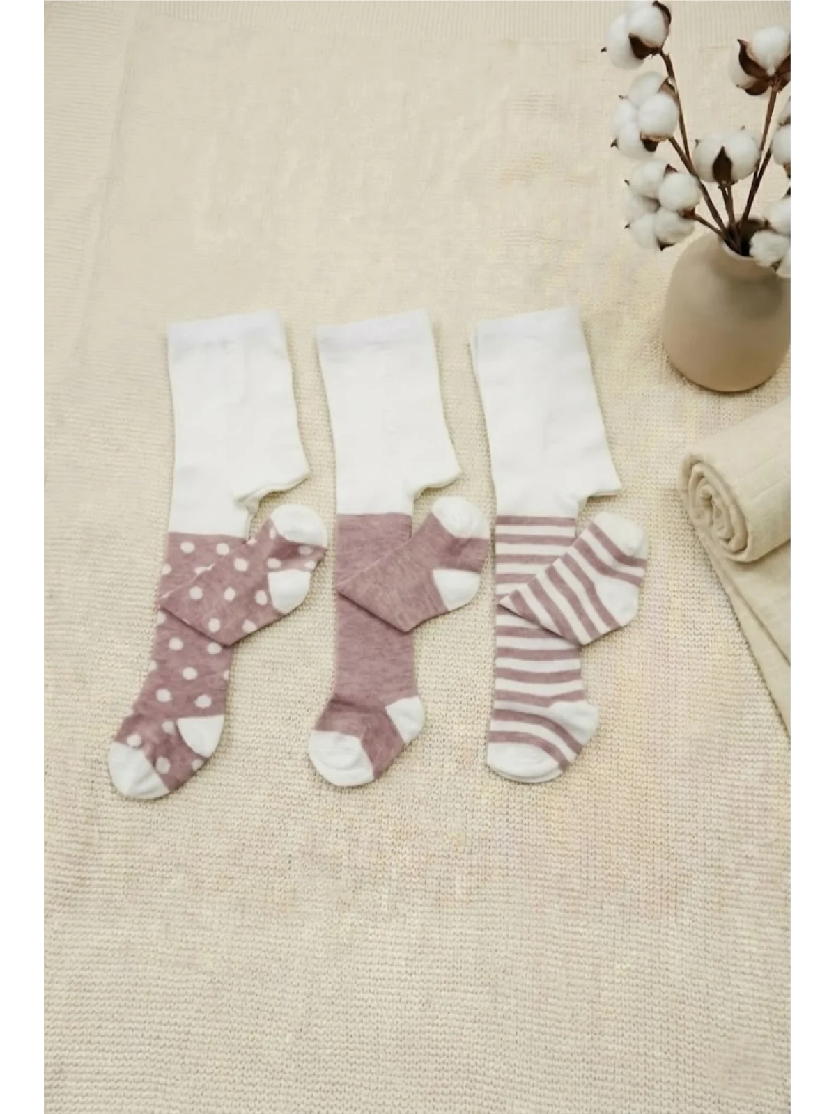 Cocole Socks Kız Bebek Külotlu Çorabı 3lü Set Pamuklu Gül Kurusu 0-24 Ay