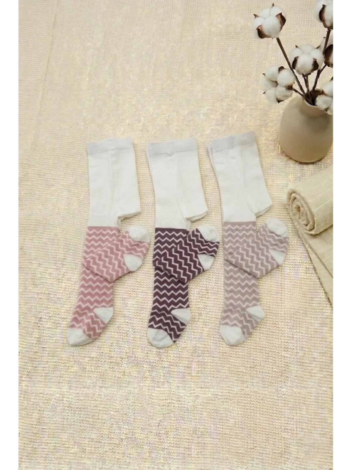 Cocole Socks Kız Bebek Külotlu Çorabı 3lü Set Pamuklu Zigzag 0-24 Ay