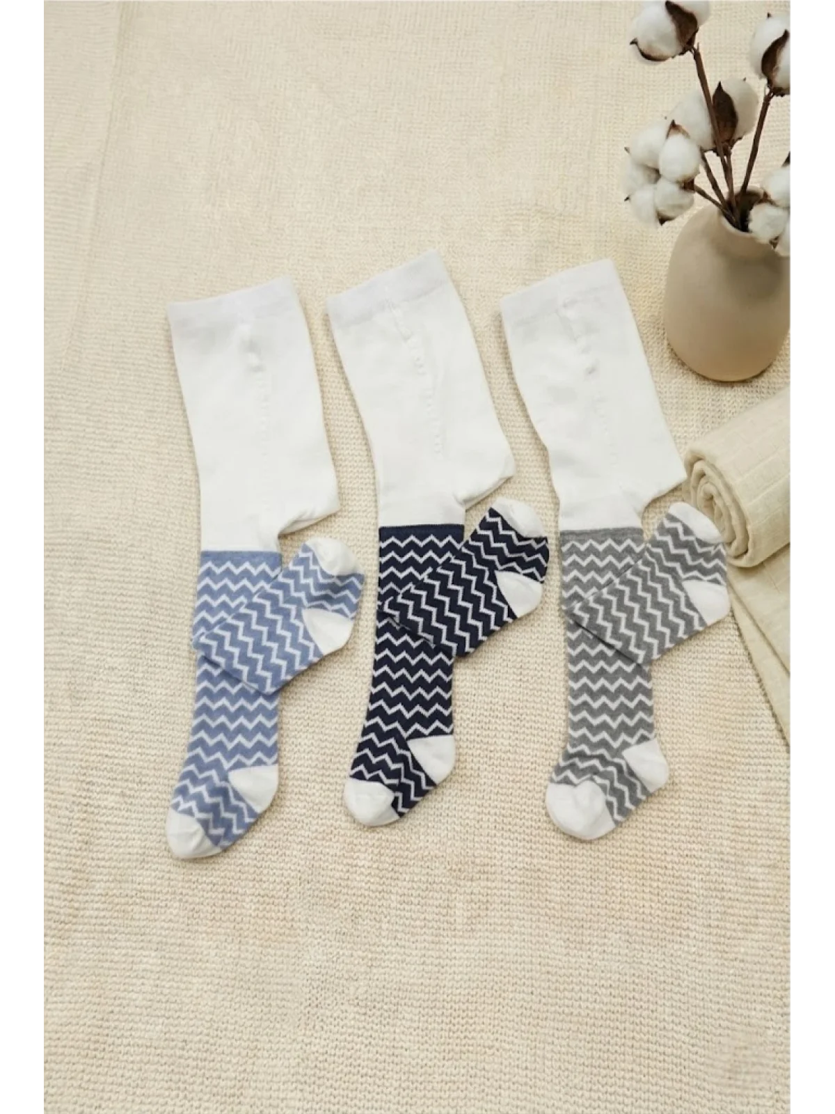 Cocole Socks Erkek Bebek Külotlu Çorabı 3lü Set Pamuklu Zigzag 0-24 Ay