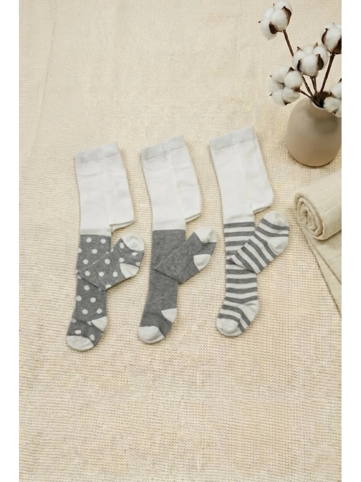 Cocole Socks Erkek Bebek Külotlu Çorabı 3lü Set Pamuklu Gri 0-24 Ay