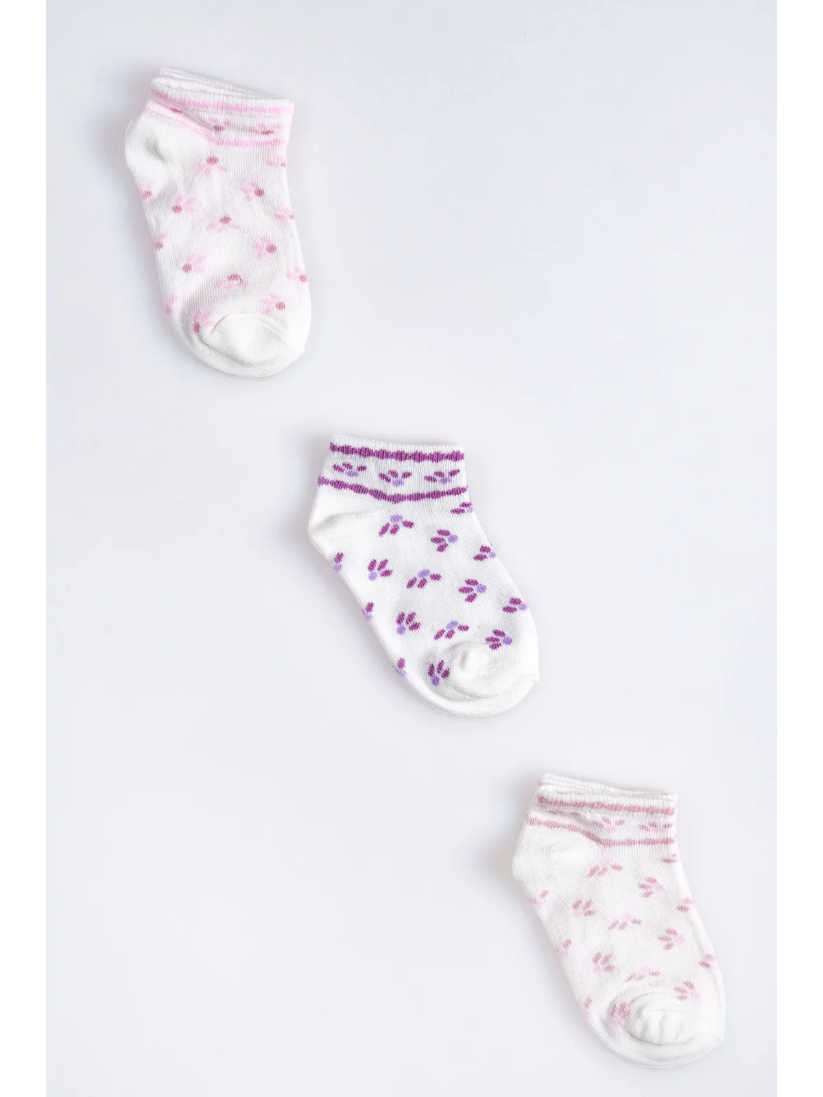 Cocole Socks Kız Bebek Patik Çorabı 3’lü Set – Pamuklu Pembe & Mor Desenli