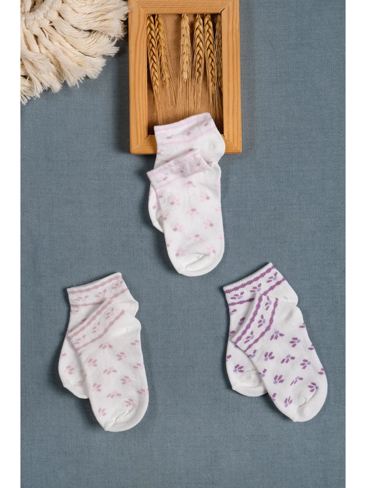Cocole Socks Kız Bebek Patik Çorabı 3’lü Set – Pamuklu Pembe & Mor Desenli
