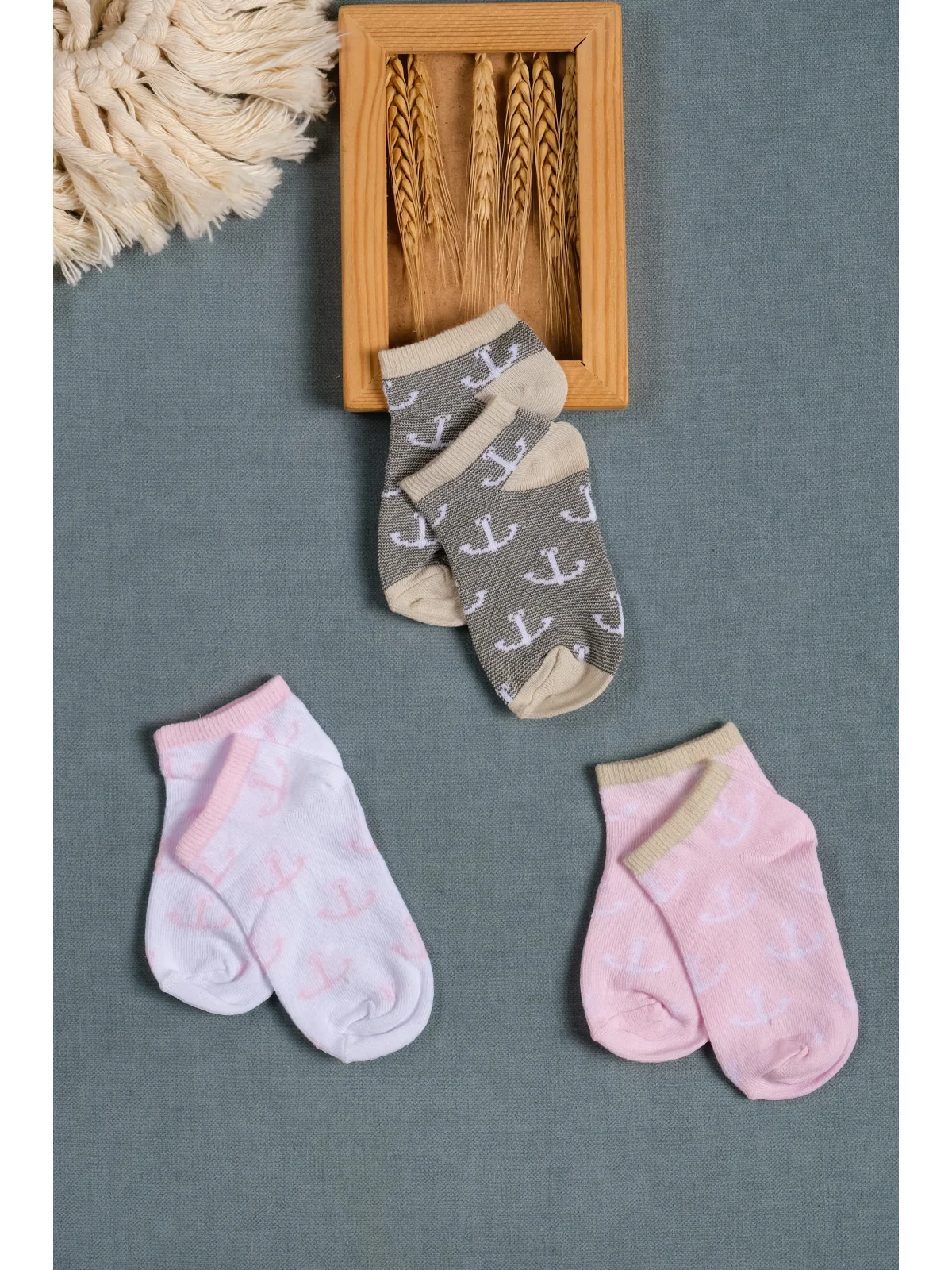 Cocole Socks Kız Bebek Patik Çorabı 3’lü Set – Pamuklu Minik Çapa Desenli
