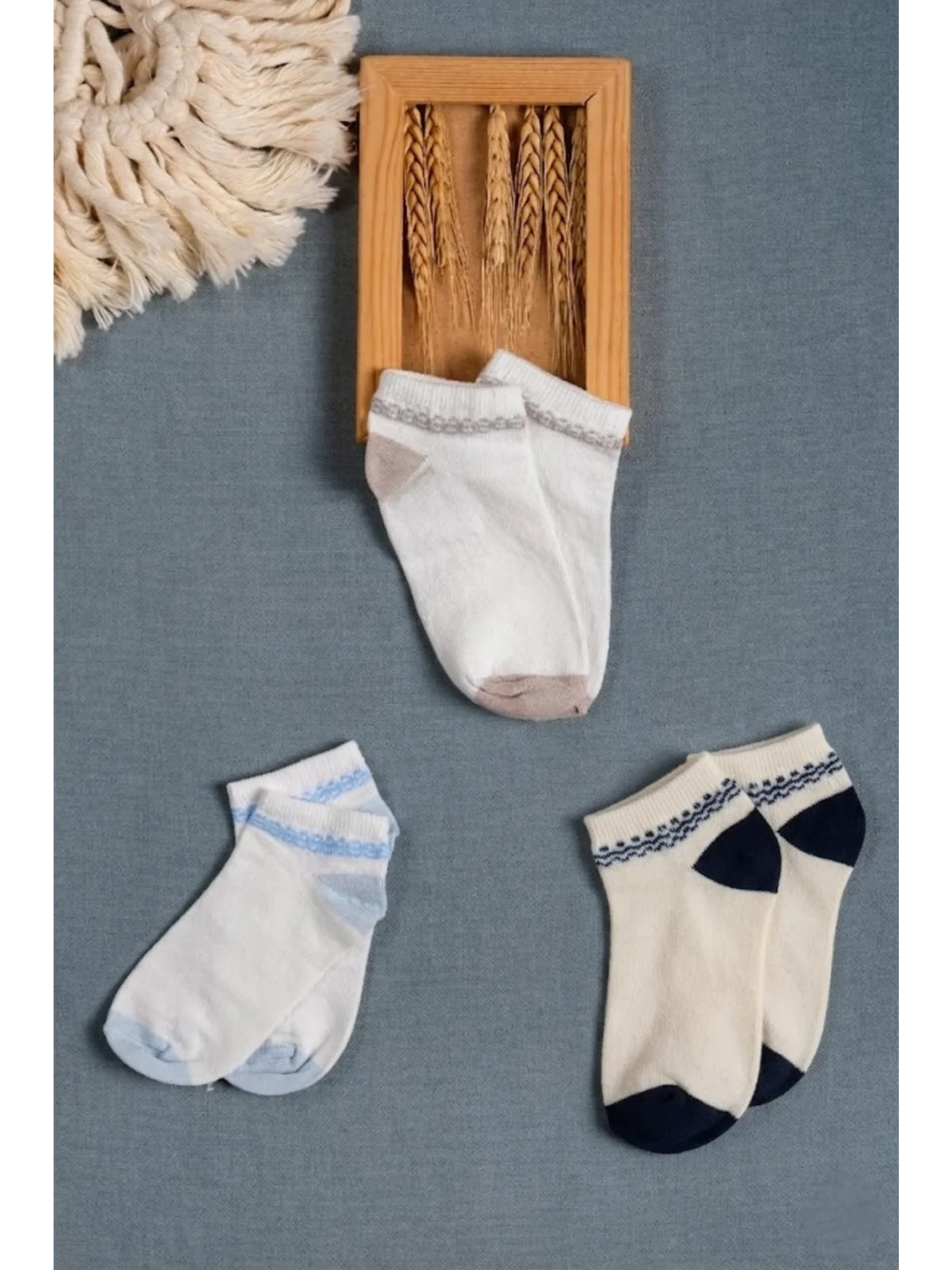 Cocole Socks Erkek Bebek Patik Çorabı 3’lü Set – Pamuklu Zincirli Örüntü Desenli