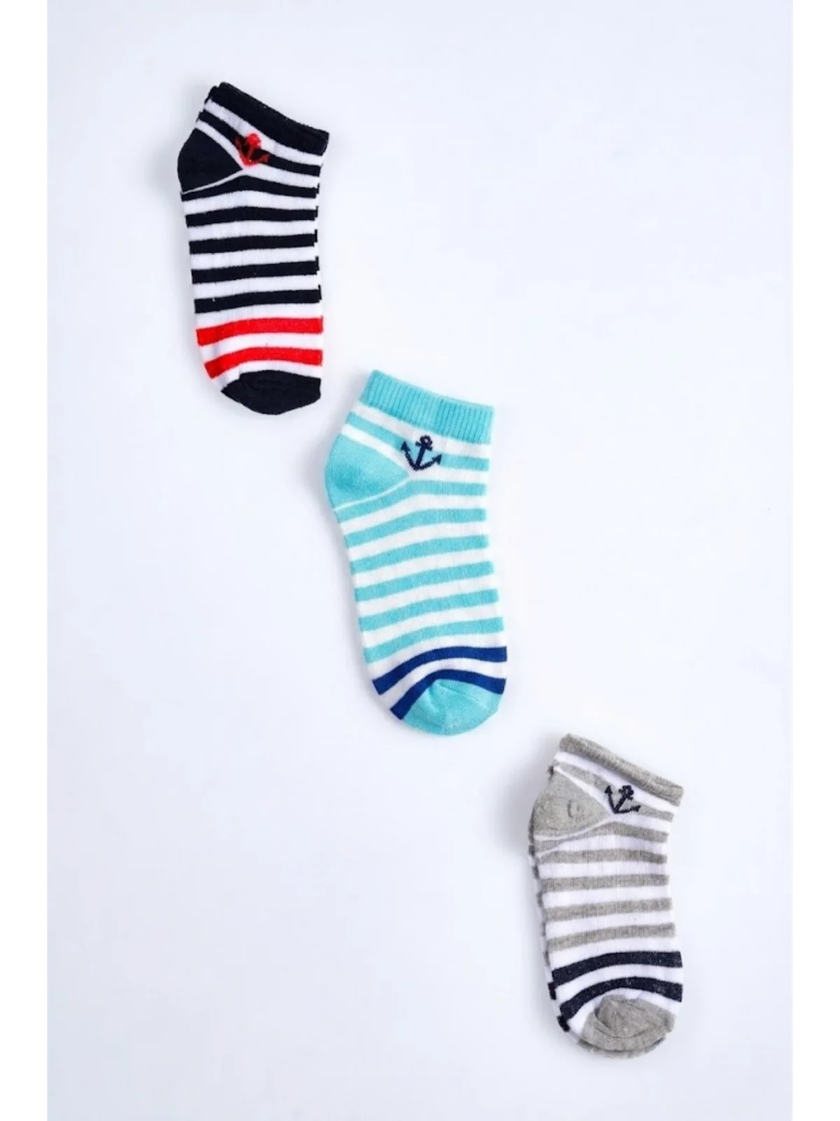 Cocole Socks Erkek Bebek Patik Çorabı 3’lü Set – Pamuklu Çapa Detaylı Çizgili Desenli
