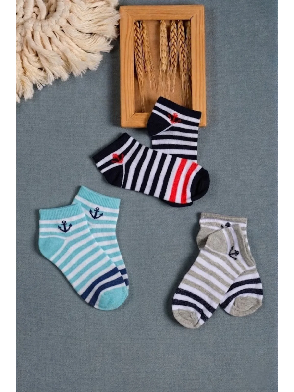 Cocole Socks Erkek Bebek Patik Çorabı 3’lü Set – Pamuklu Çapa Detaylı Çizgili Desenli