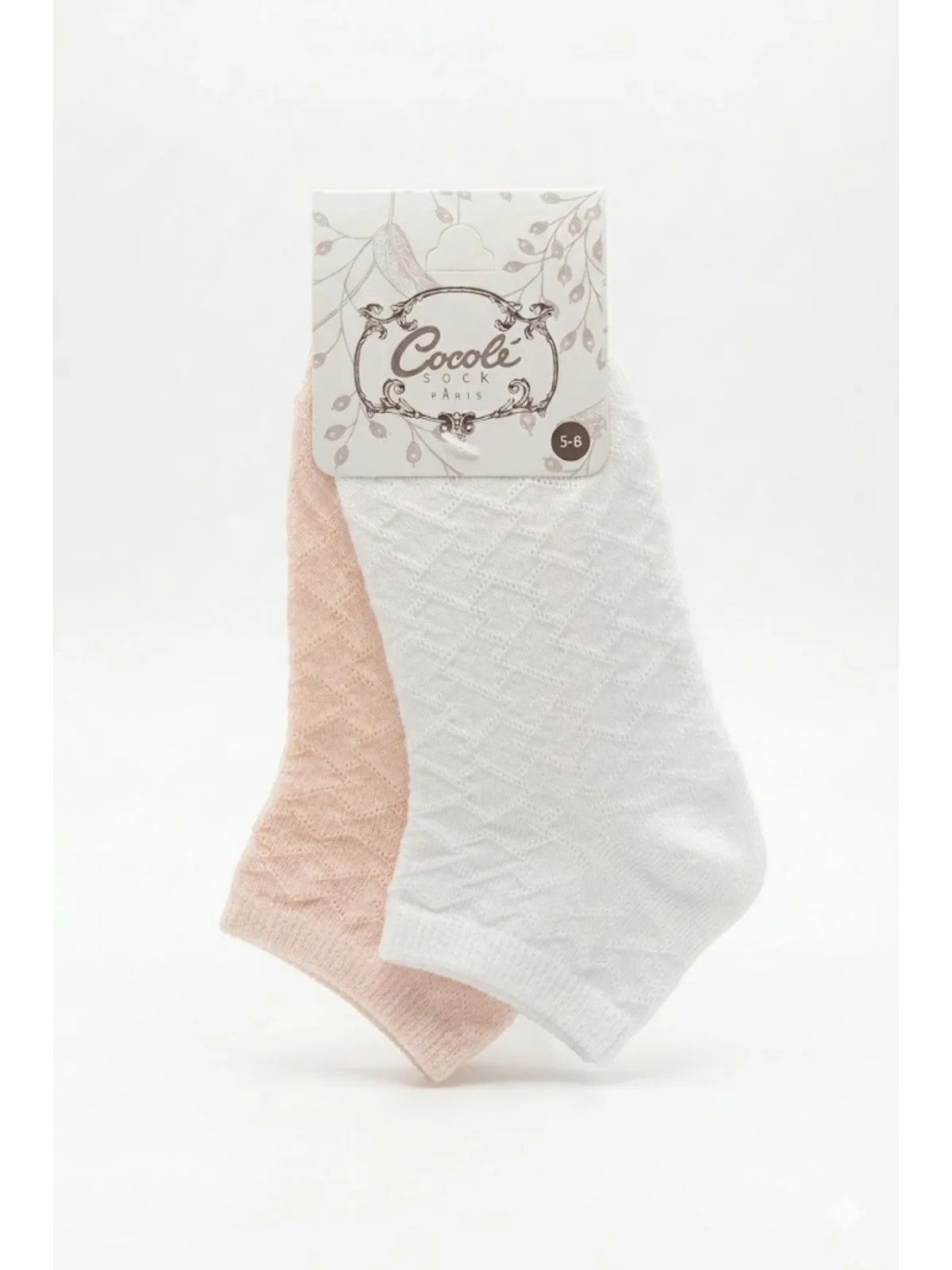 Cocole Socks Kız Bebek Patik Çorabı 2li Set Pamuklu Beyaz & Somon Baklava Desenli