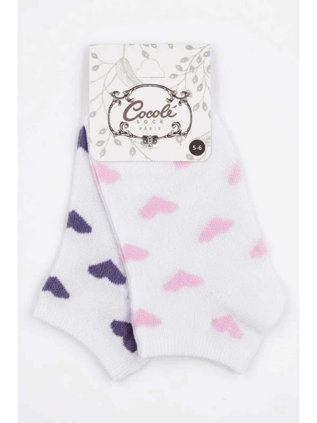 Cocole Socks Kız Bebek Patik Çorabı 2’li Set Pamuklu Beyaz Zemin Üzeri Pudra Pembe & Mor Kalp Desenli