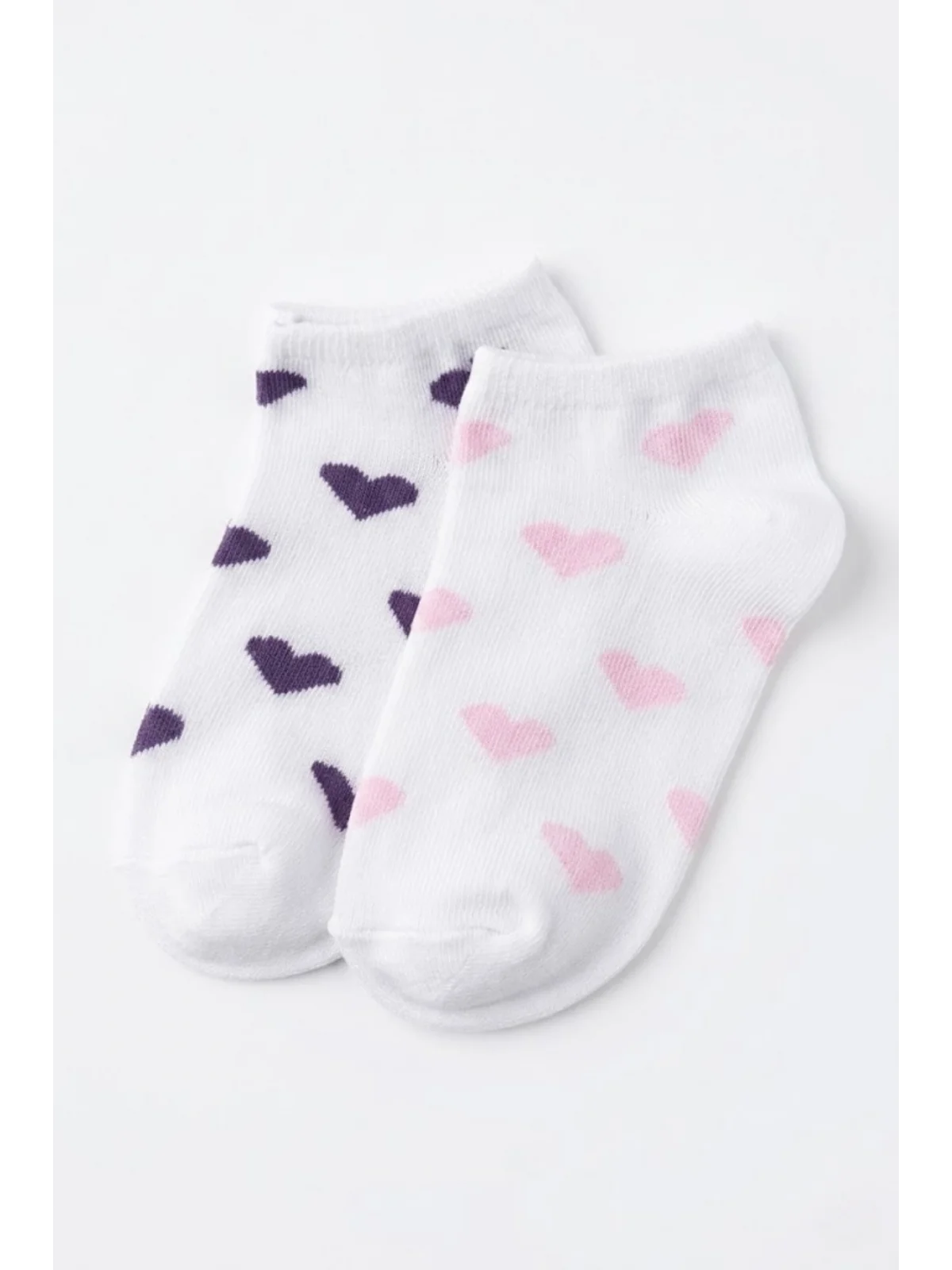 Cocole Socks Kız Bebek Patik Çorabı 2’li Set Pamuklu Beyaz Zemin Üzeri Pudra Pembe & Mor Kalp Desenli
