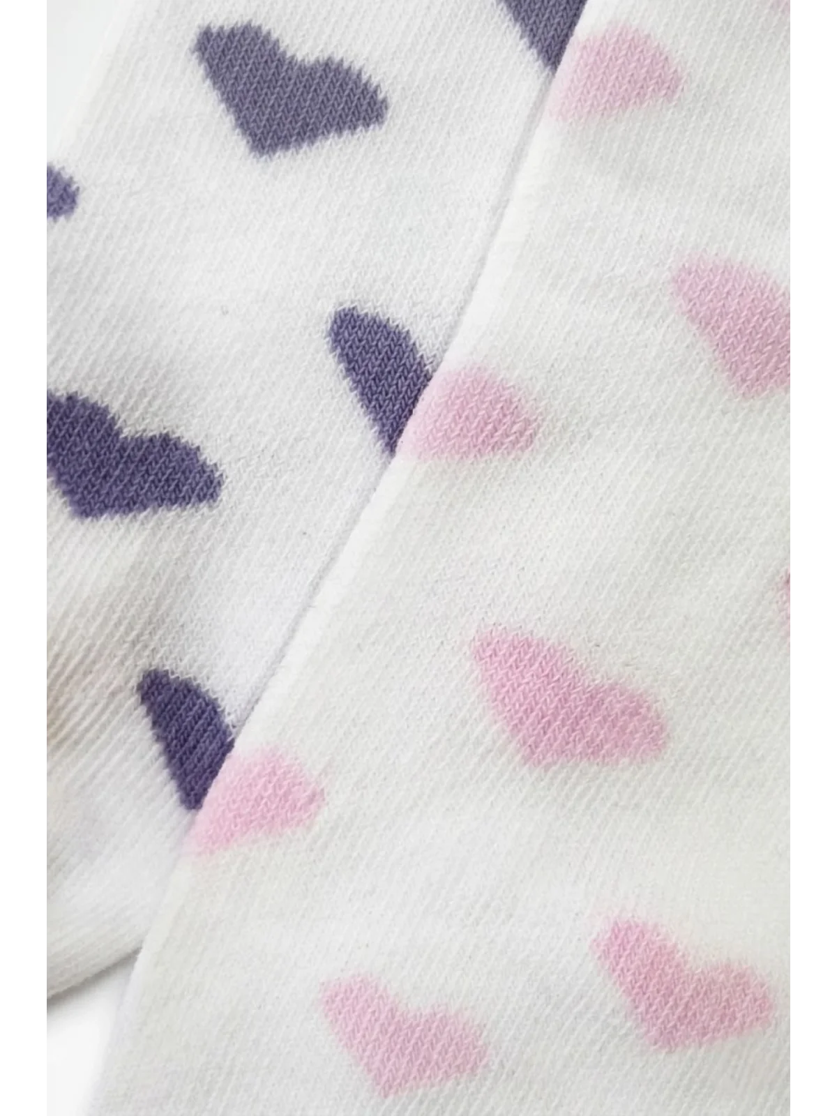 Cocole Socks Kız Bebek Patik Çorabı 2’li Set Pamuklu Beyaz Zemin Üzeri Pudra Pembe & Mor Kalp Desenli