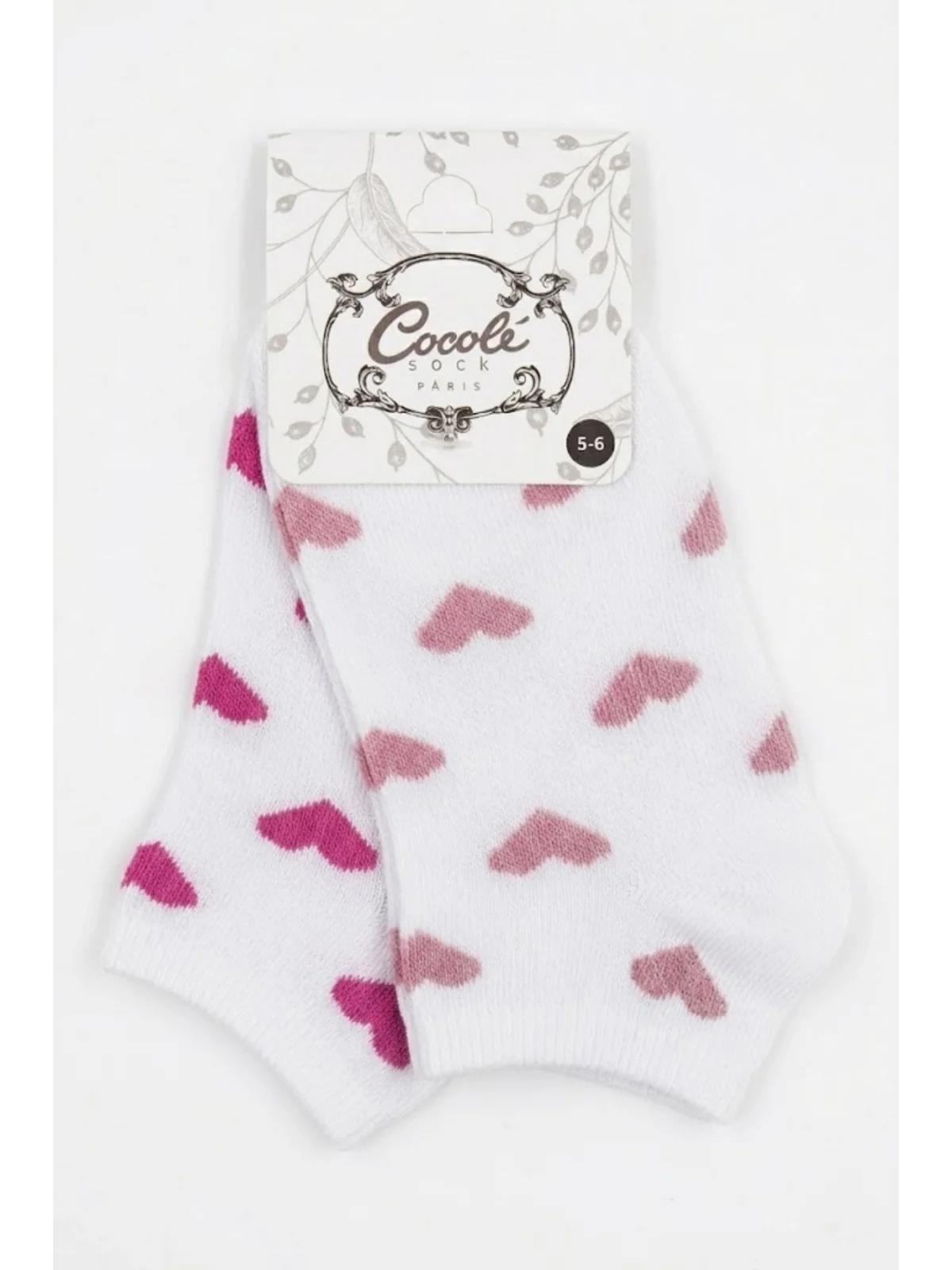 Cocole Socks Kız Bebek Patik Çorabı 2’li Set Pamuklu Beyaz Zemin Üzeri Fuşya & Gül Kurusu Kalp Desenli